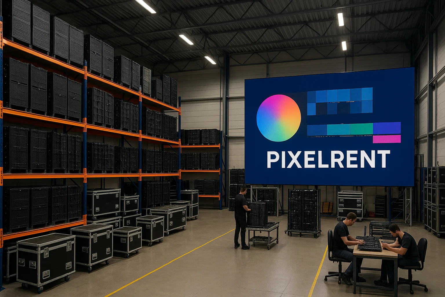 Entrepôt d'écrans LED avec logo PIXELRENT