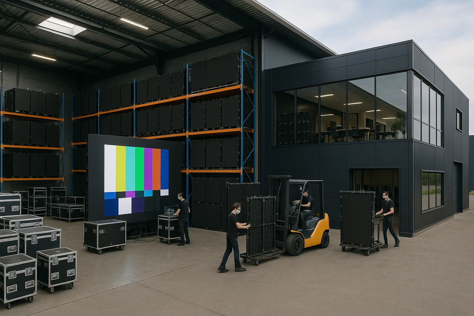 Installation et test d'écrans LED dans un entrepôt